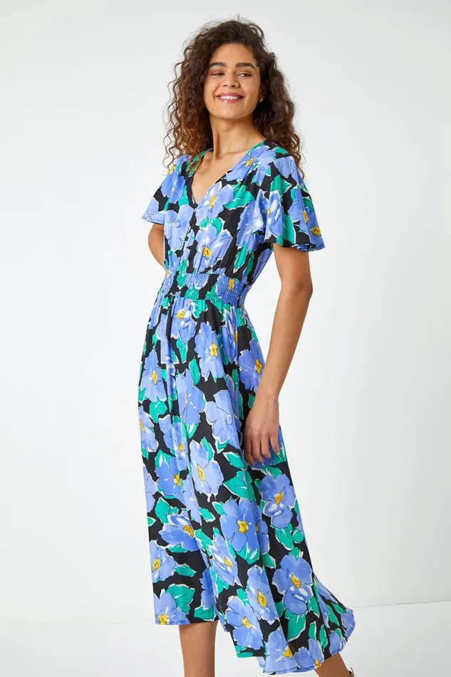 Women Lilac Floral Print Angel Sleeve Midi Dress Roman Dresses