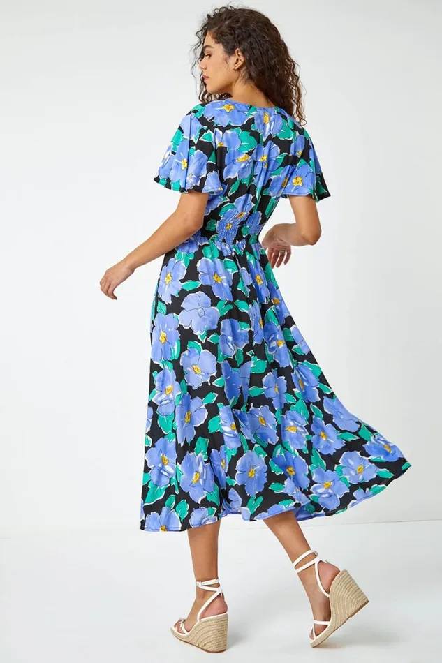 Women Lilac Floral Print Angel Sleeve Midi Dress Roman Dresses
