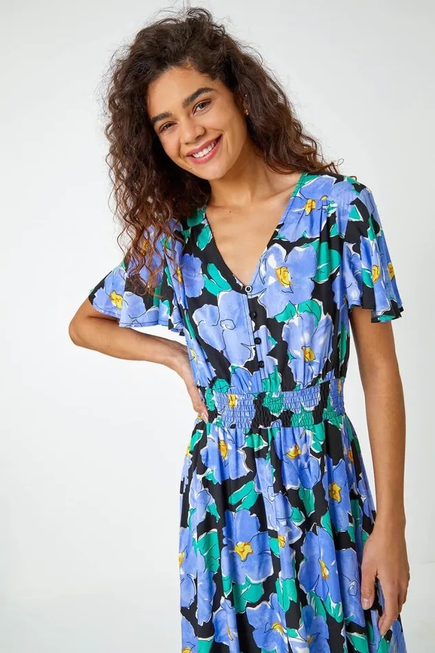 Women Lilac Floral Print Angel Sleeve Midi Dress Roman Dresses