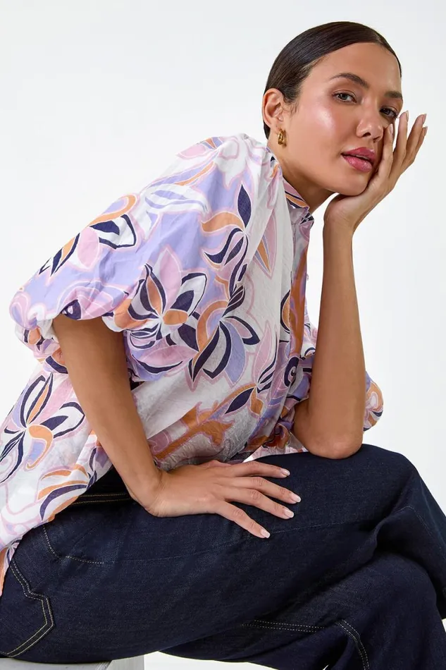 Women Lilac Floral Print Puff Sleeve Shirt Roman Tops