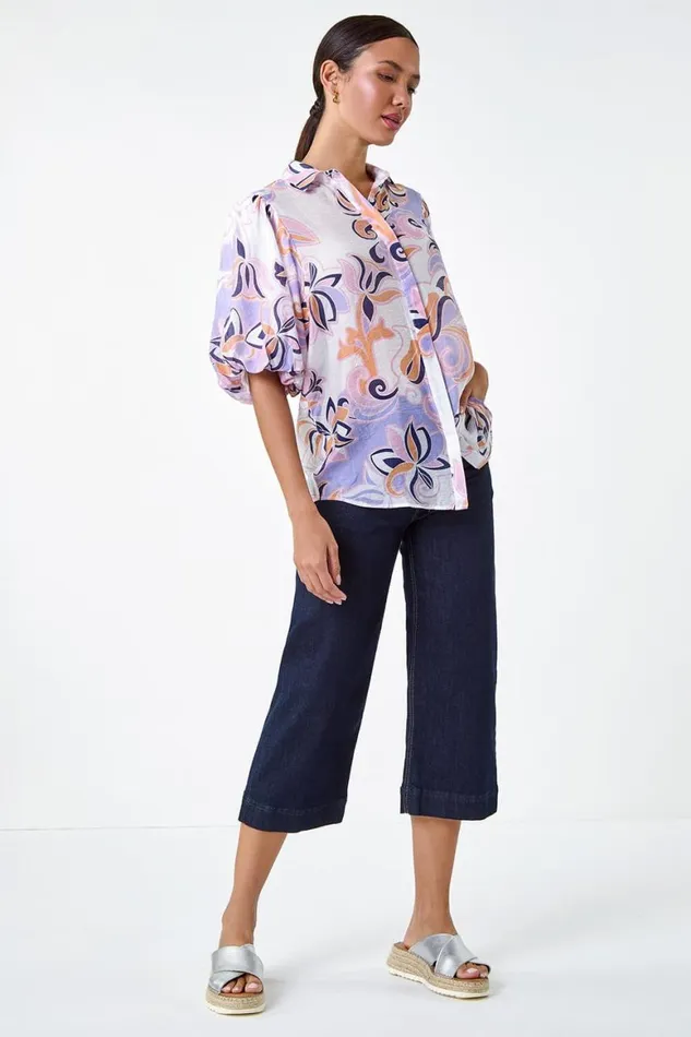 Women Lilac Floral Print Puff Sleeve Shirt Roman Tops