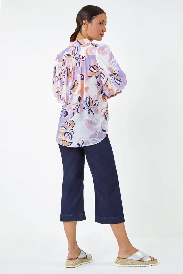 Women Lilac Floral Print Puff Sleeve Shirt Roman Tops