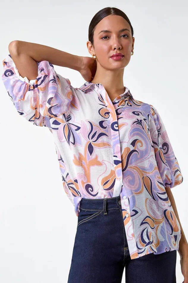 Women Lilac Floral Print Puff Sleeve Shirt Roman Tops
