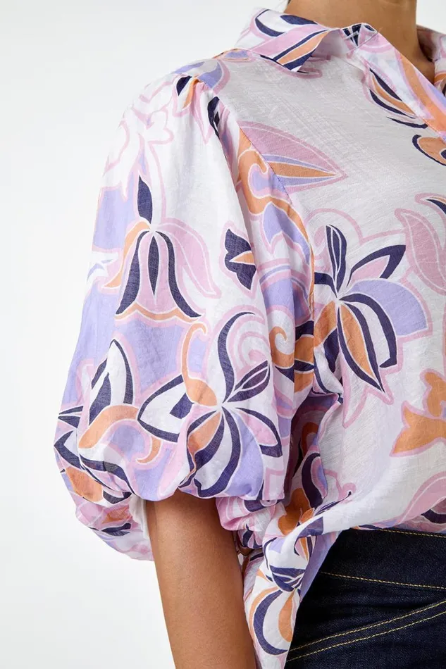 Women Lilac Floral Print Puff Sleeve Shirt Roman Tops
