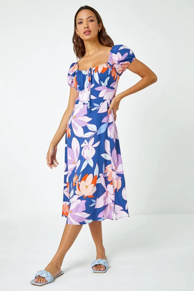 Women Lilac Floral Print Tie Detail Midi Dress Roman Dresses