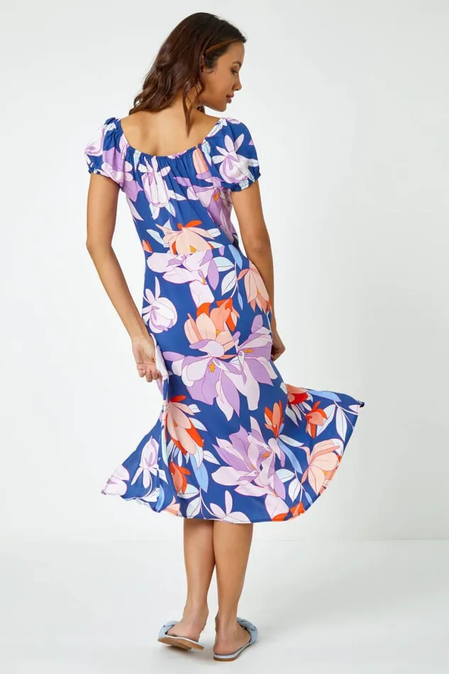 Women Lilac Floral Print Tie Detail Midi Dress Roman Dresses