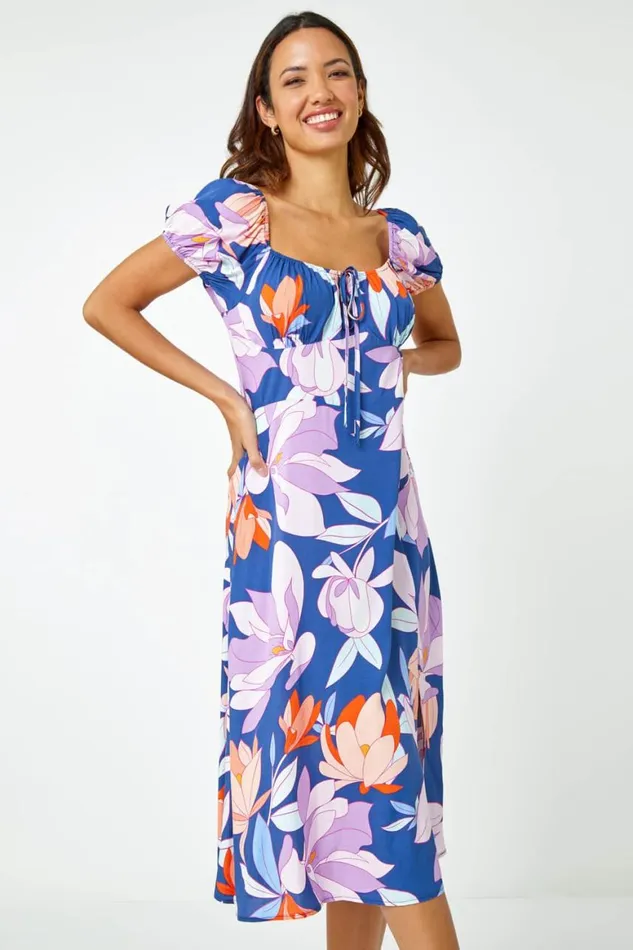 Women Lilac Floral Print Tie Detail Midi Dress Roman Dresses