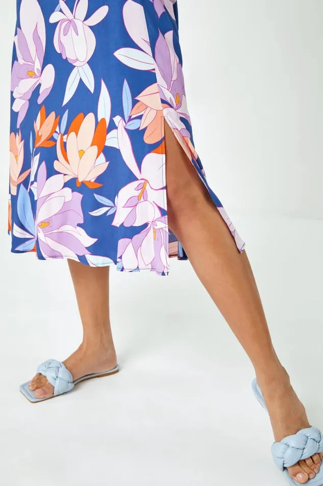 Women Lilac Floral Print Tie Detail Midi Dress Roman Dresses