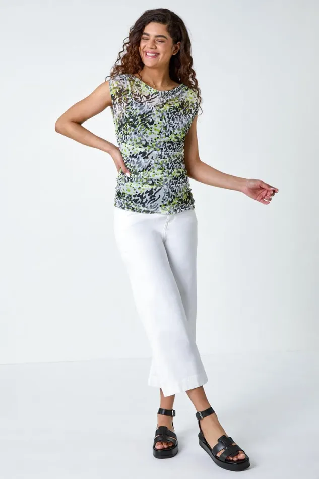 Women Lime Animal Print Mesh Ruched Stretch Top Roman Tops