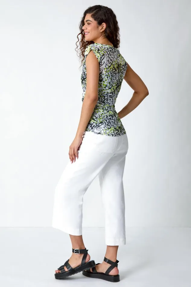 Women Lime Animal Print Mesh Ruched Stretch Top Roman Tops
