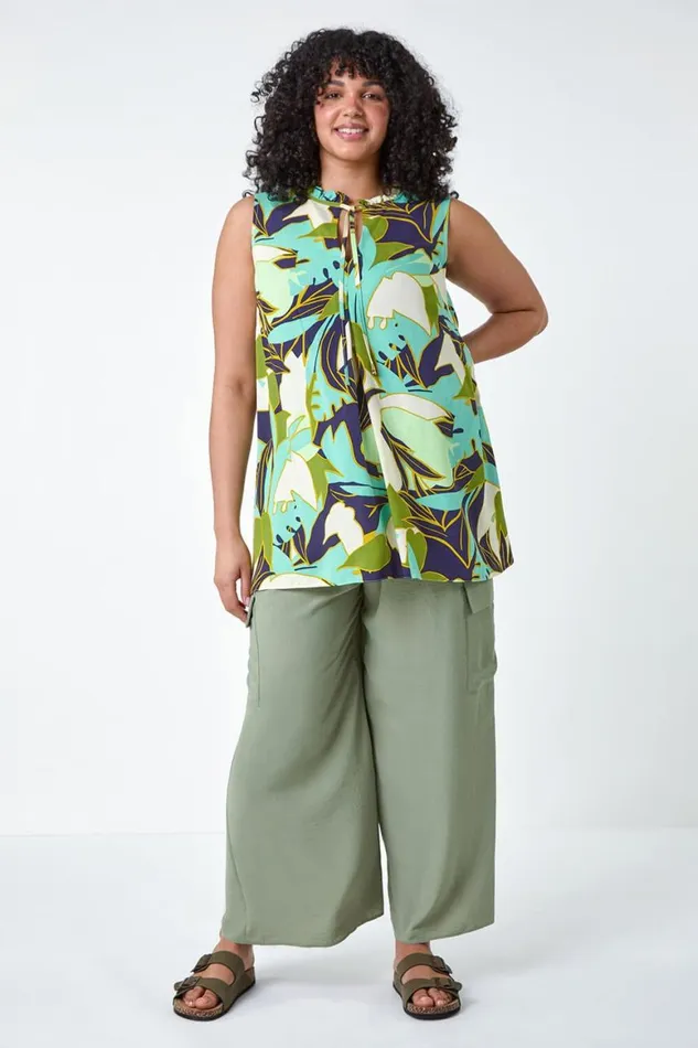 Women Lime Curve Leaf Print Tie Neck Top Roman Tops