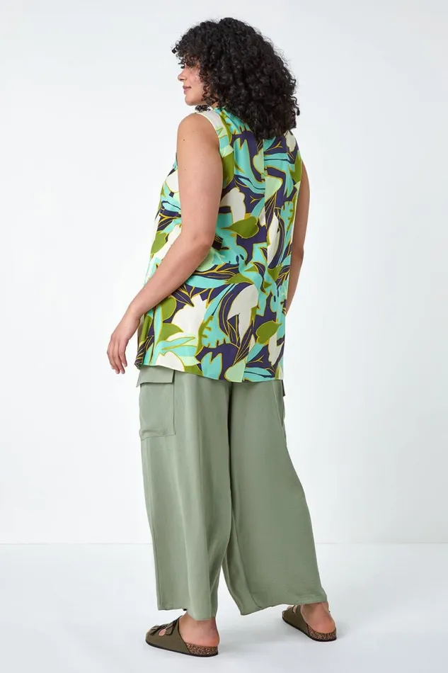 Women Lime Curve Leaf Print Tie Neck Top Roman Tops