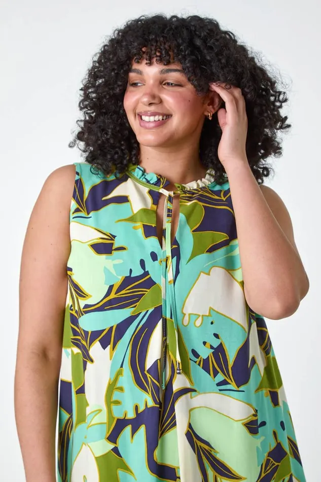 Women Lime Curve Leaf Print Tie Neck Top Roman Tops