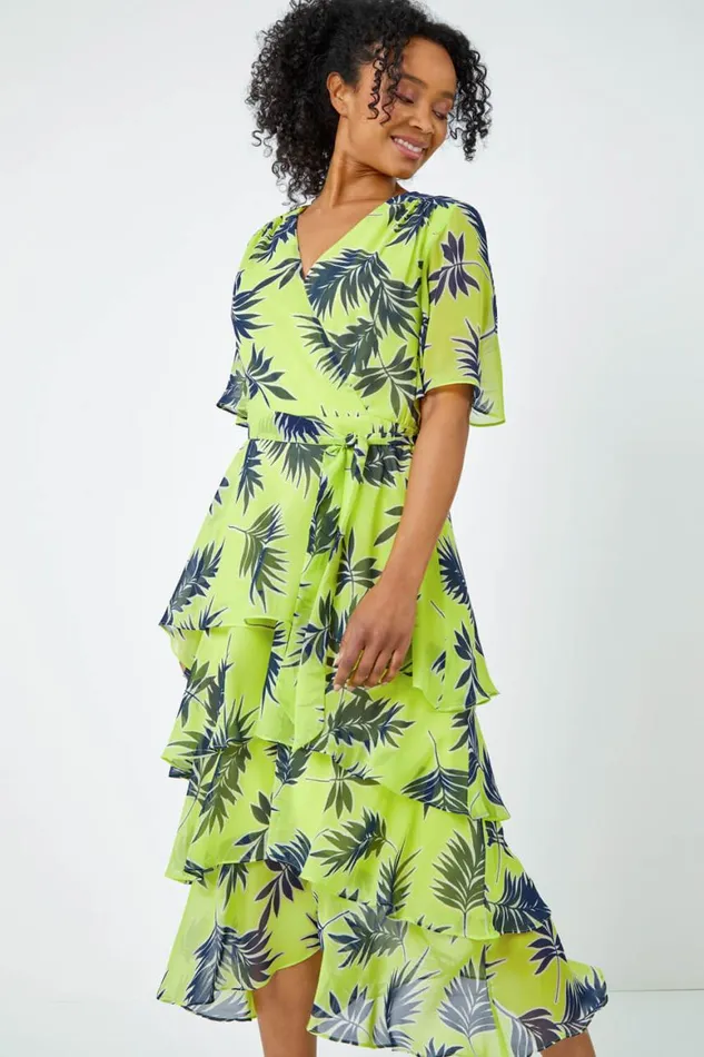 Women Lime Petite Tropical Chiffon Tiered Midi Dress Roman Dresses