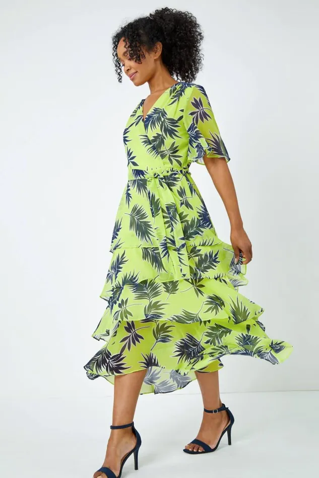 Women Lime Petite Tropical Chiffon Tiered Midi Dress Roman Dresses