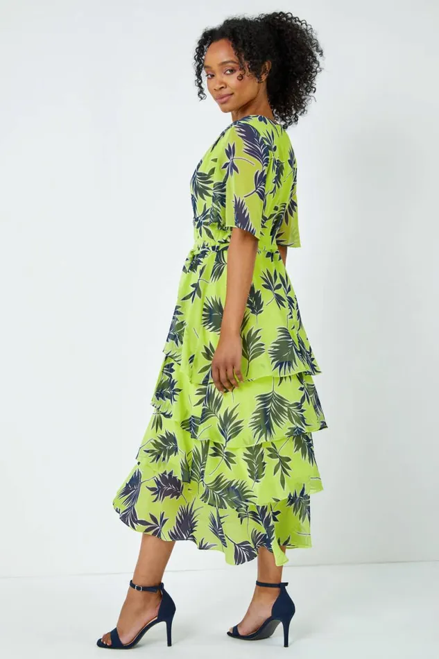 Women Lime Petite Tropical Chiffon Tiered Midi Dress Roman Dresses