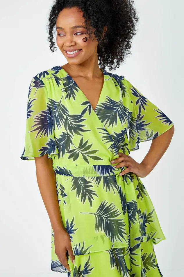Women Lime Petite Tropical Chiffon Tiered Midi Dress Roman Dresses