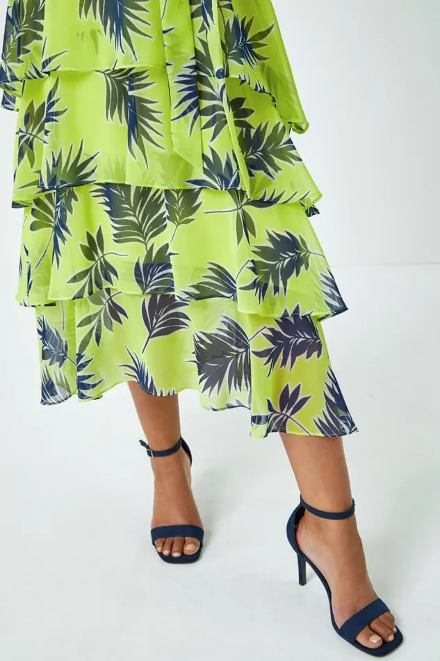 Women Lime Petite Tropical Chiffon Tiered Midi Dress Roman Dresses