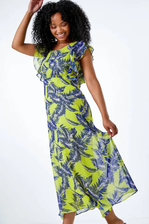 Women Lime Petite Tropical Print Frill Sleeve Midi Dress Roman Dresses