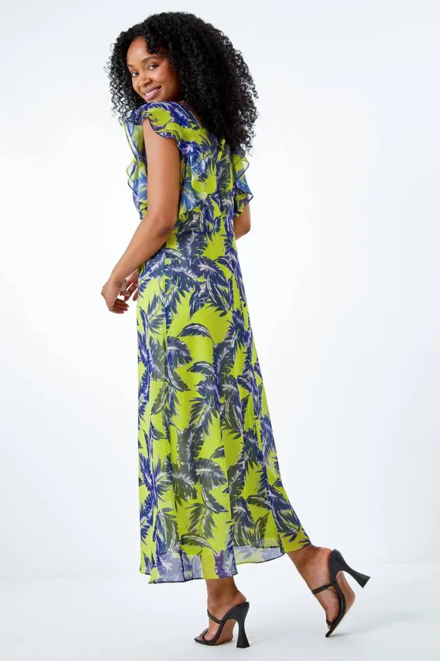 Women Lime Petite Tropical Print Frill Sleeve Midi Dress Roman Dresses