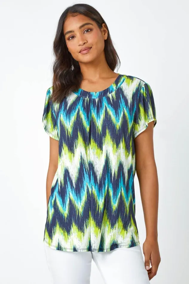 Women Lime Zig Zag Print Stretch TShirt Roman Tops
