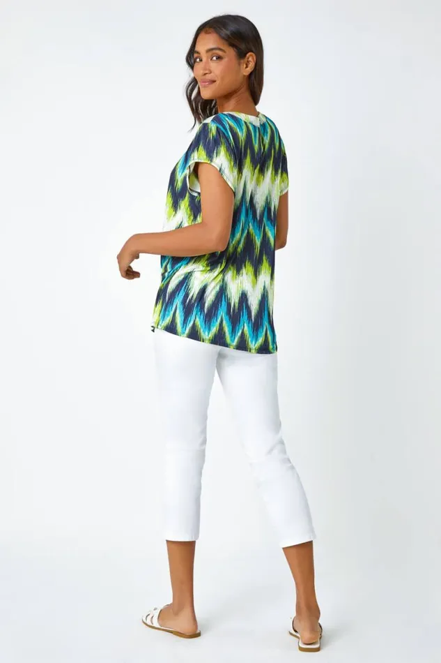 Women Lime Zig Zag Print Stretch TShirt Roman Tops