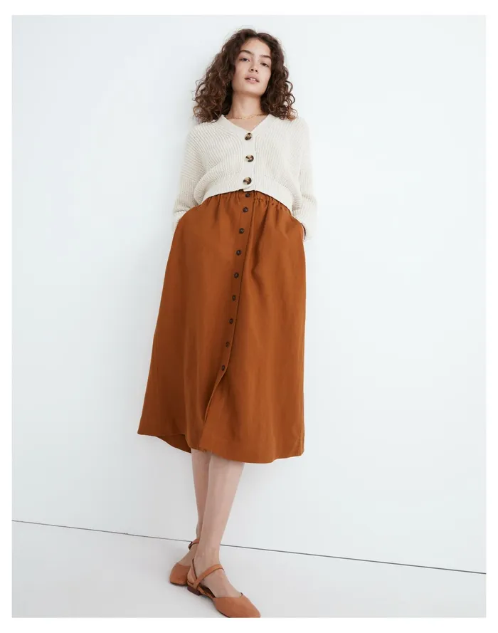 Women Linen Blend Button Front Pull On Midi Skirt Golden Pecan Madewell Skirts