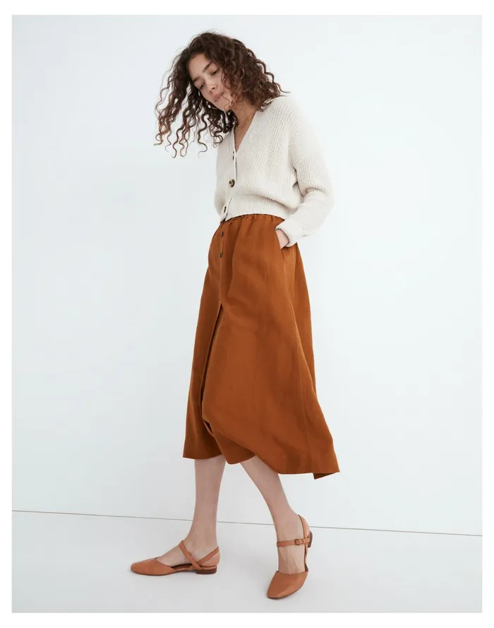 Women Linen Blend Button Front Pull On Midi Skirt Golden Pecan Madewell Skirts Women Linen Blend Button Front Pull On Midi Skirt Golden Pecan Madewell Skirts