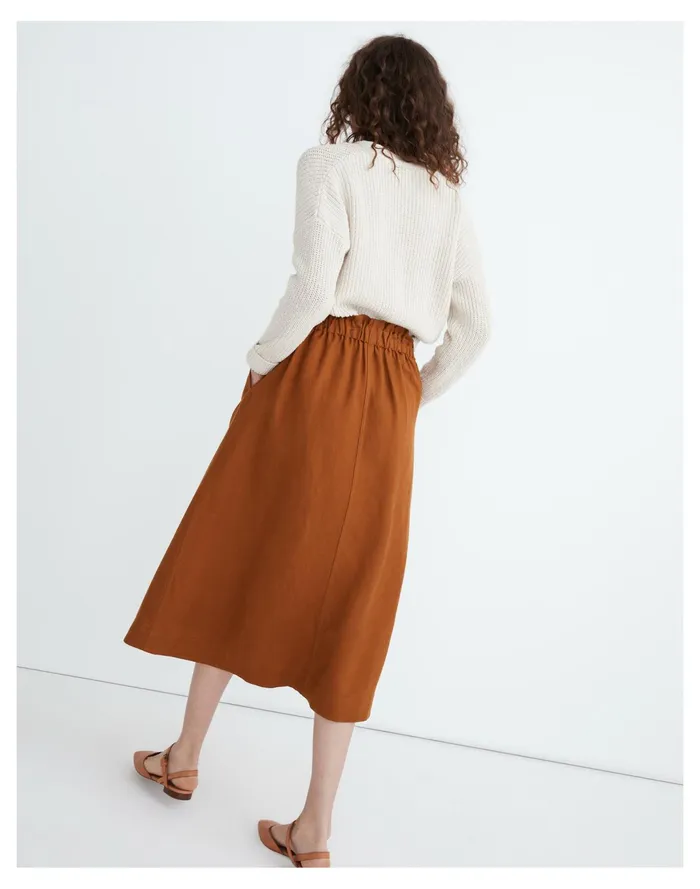 Women Linen Blend Button Front Pull On Midi Skirt Golden Pecan Madewell Skirts Women Linen Blend Button Front Pull On Midi Skirt Golden Pecan Madewell Skirts