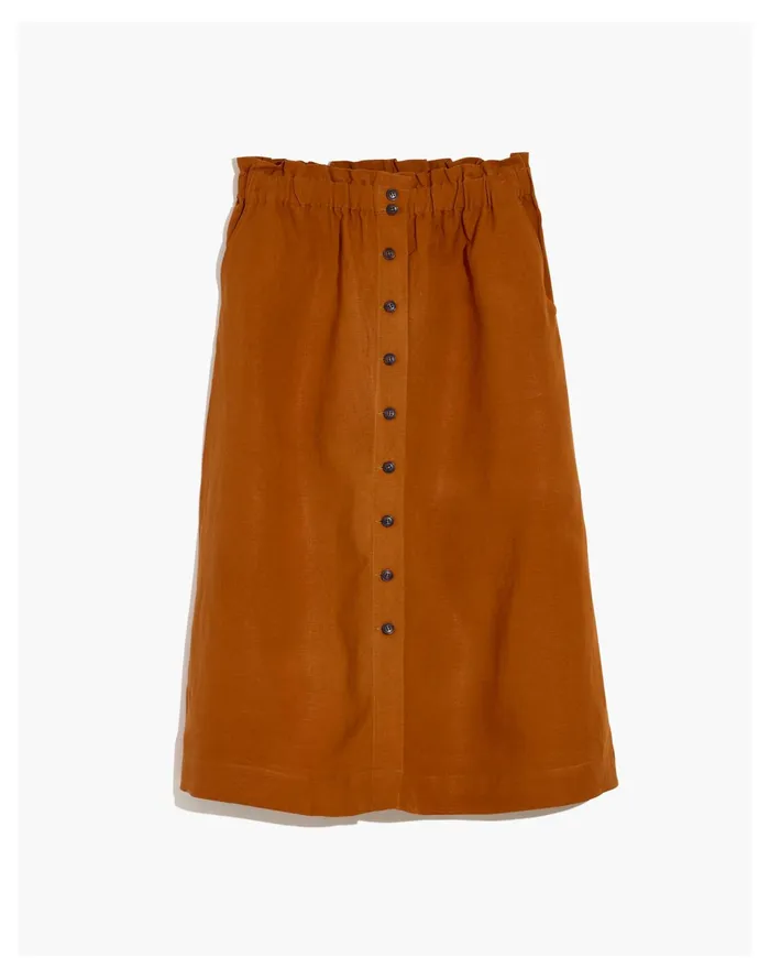Women Linen Blend Button Front Pull On Midi Skirt Golden Pecan Madewell Skirts Women Linen Blend Button Front Pull On Midi Skirt Golden Pecan Madewell Skirts