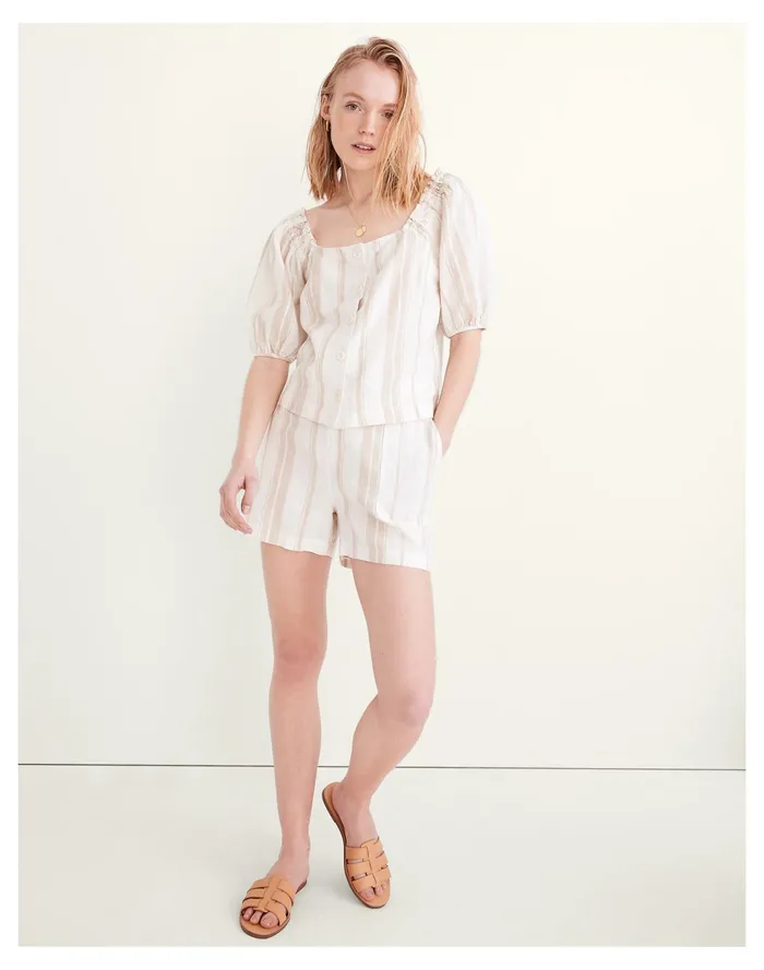 Women Linen Blend Square Neck Button Front Top Natural Madewell Tops and Shirts
