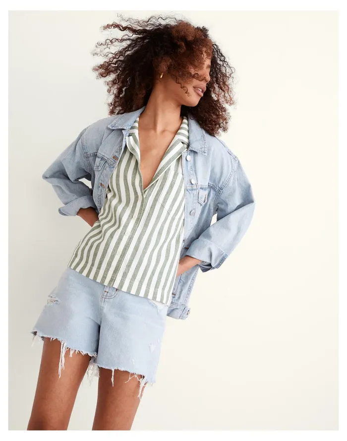 Women Linen Cotton Piedmont Camp Shirt In Stripe Versailles Green Madewell Tops and Shirts Women Linen Cotton Piedmont Camp Shirt In Stripe Versailles Green Madewell Tops and Shirts