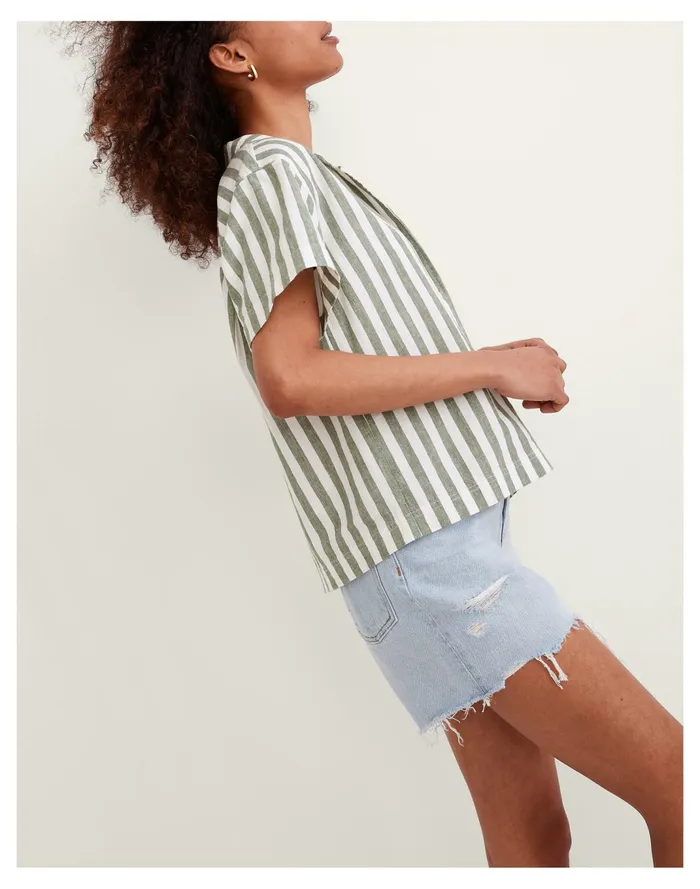 Women Linen Cotton Piedmont Camp Shirt In Stripe Versailles Green Madewell Tops and Shirts Women Linen Cotton Piedmont Camp Shirt In Stripe Versailles Green Madewell Tops and Shirts