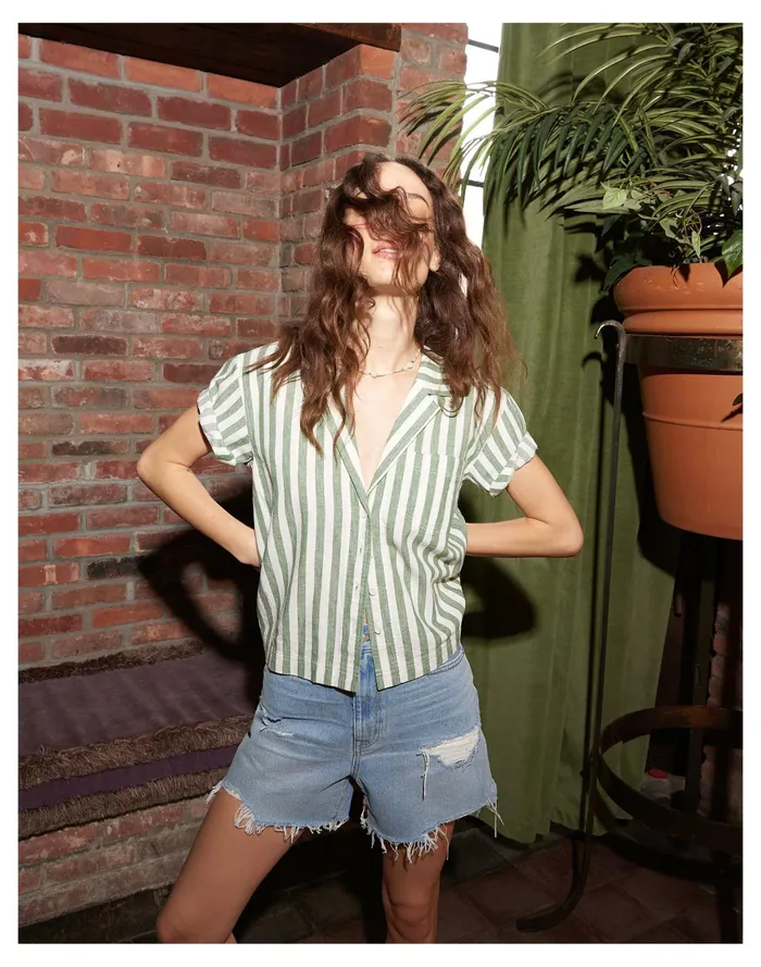 Women Linen Cotton Piedmont Camp Shirt In Stripe Versailles Green Madewell Tops and Shirts Women Linen Cotton Piedmont Camp Shirt In Stripe Versailles Green Madewell Tops and Shirts