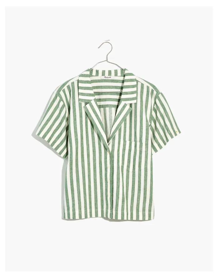 Women Linen Cotton Piedmont Camp Shirt In Stripe Versailles Green Madewell Tops and Shirts Women Linen Cotton Piedmont Camp Shirt In Stripe Versailles Green Madewell Tops and Shirts