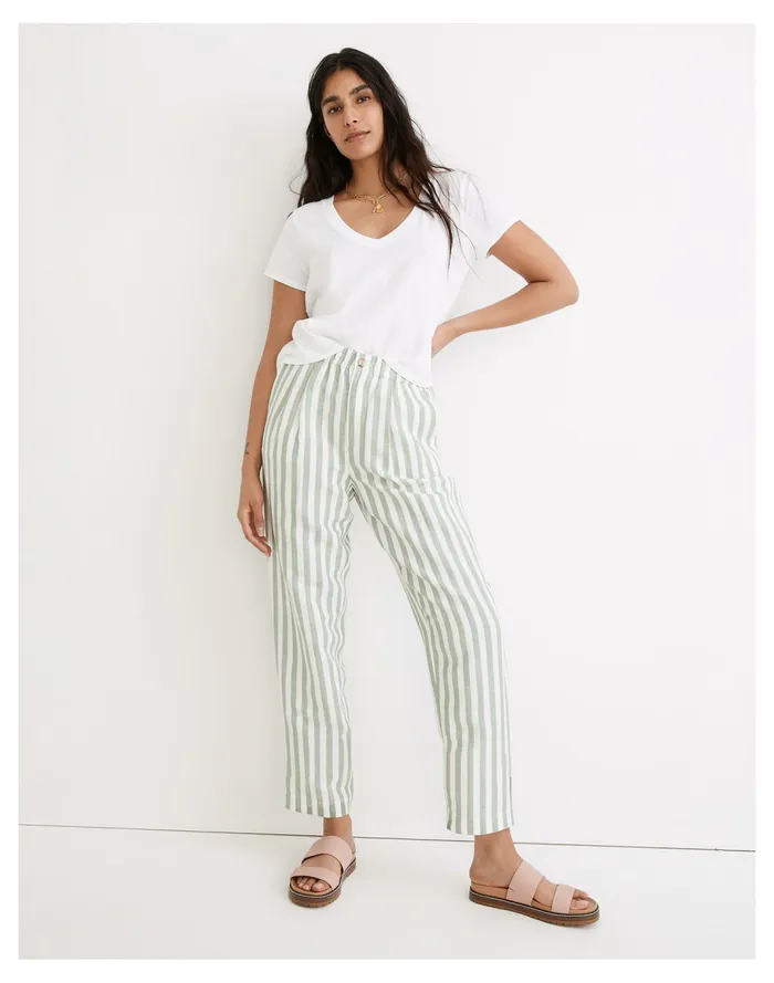 Women Linen Cotton Track Trousers In Stripe Versailles Green Madewell Pants
