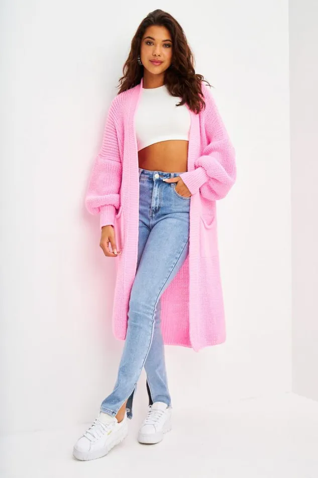 Women Long Open Knitted Cardigan In Pink Pink Brentiny Paris Cardigans