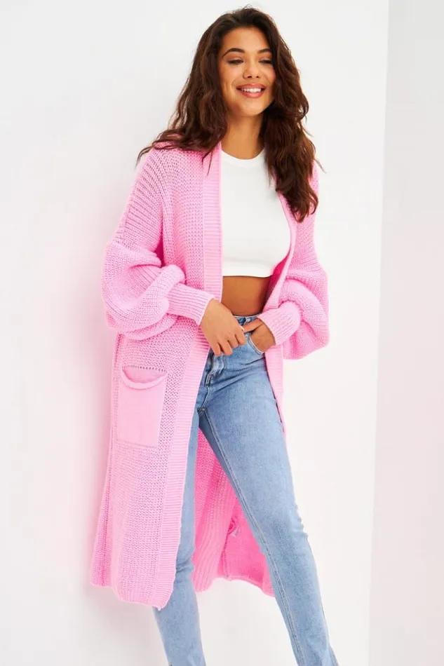 Women Long Open Knitted Cardigan In Pink Pink Brentiny Paris Cardigans