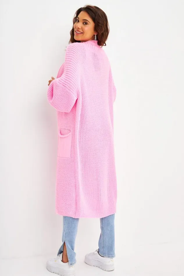 Women Long Open Knitted Cardigan In Pink Pink Brentiny Paris Cardigans