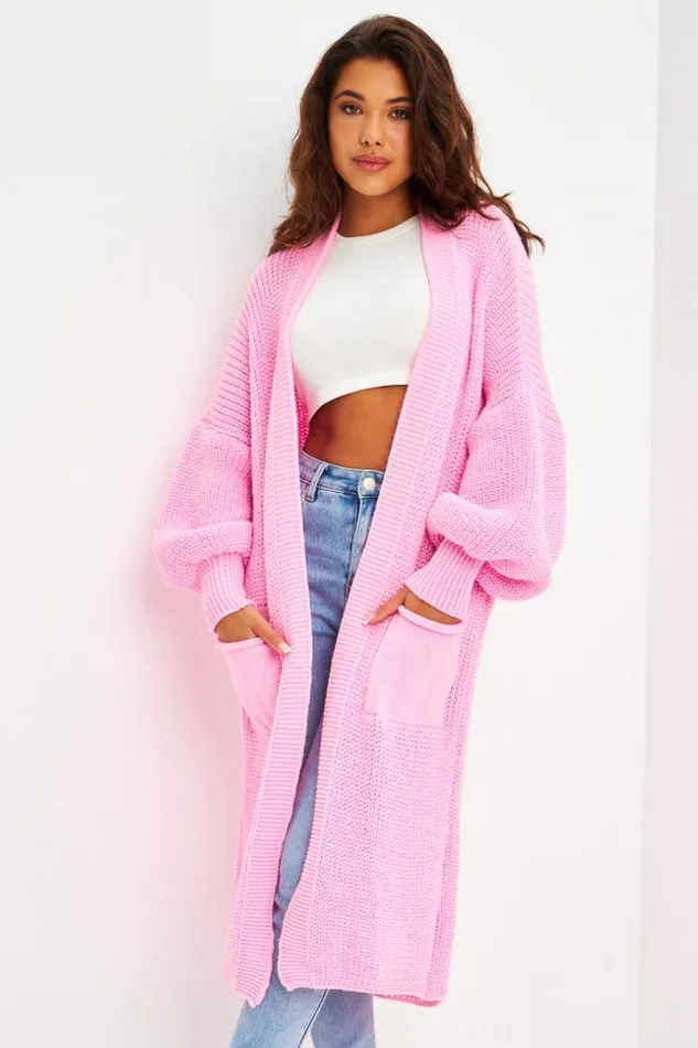 Women Long Open Knitted Cardigan In Pink Pink Brentiny Paris Cardigans