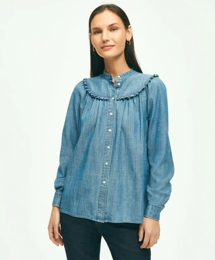 Women Long Sleeve Chambray Blouse Light Blue Brooks Brothers Blouses and Shirts