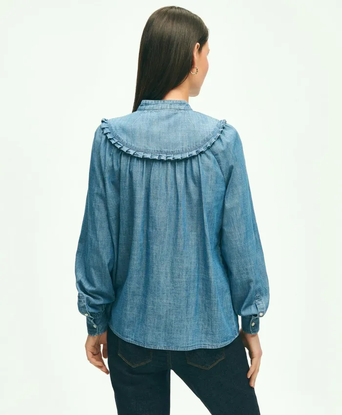Women Long Sleeve Chambray Blouse Light Blue Brooks Brothers Blouses and Shirts