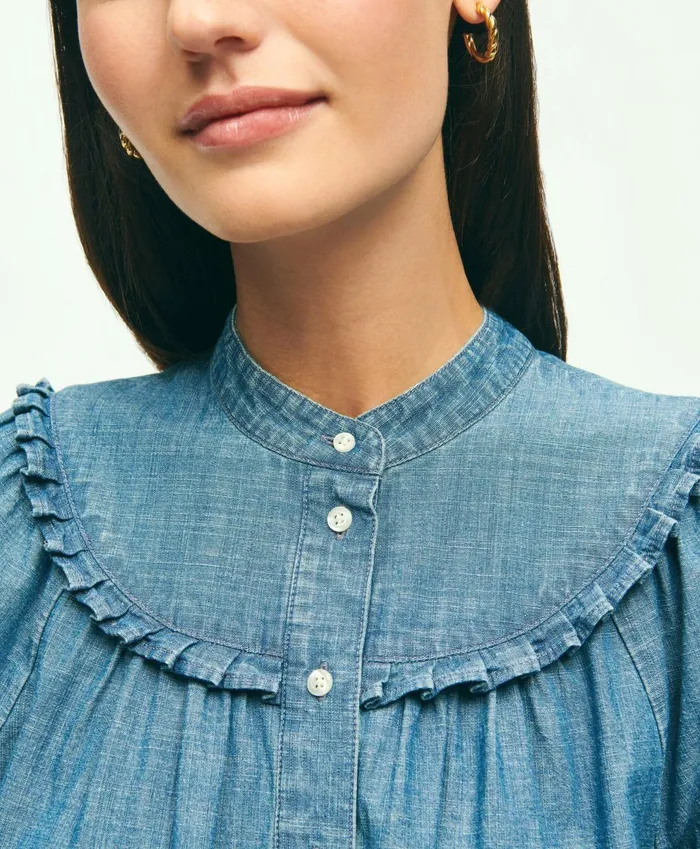 Women Long Sleeve Chambray Blouse Light Blue Brooks Brothers Blouses and Shirts