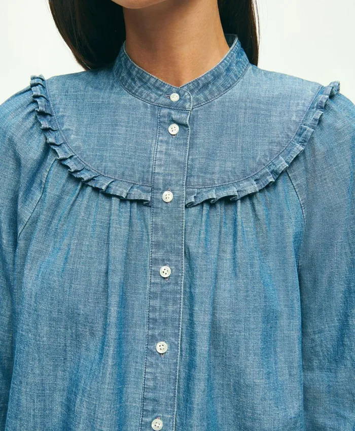 Women Long Sleeve Chambray Blouse Light Blue Brooks Brothers Blouses and Shirts