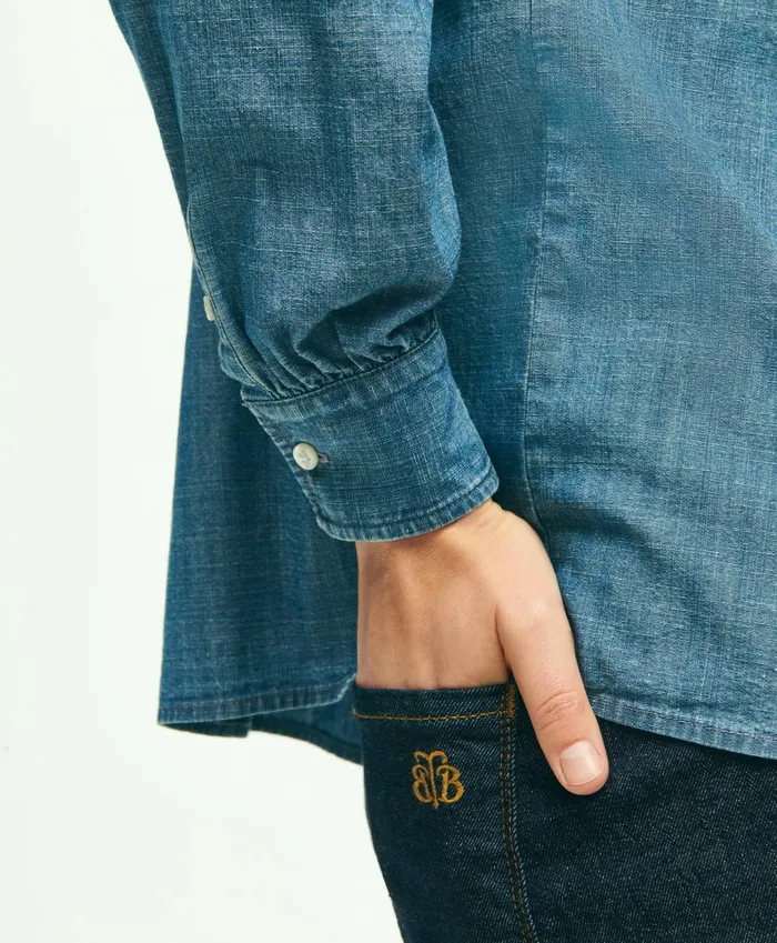 Women Long Sleeve Chambray Blouse Light Blue Brooks Brothers Blouses and Shirts