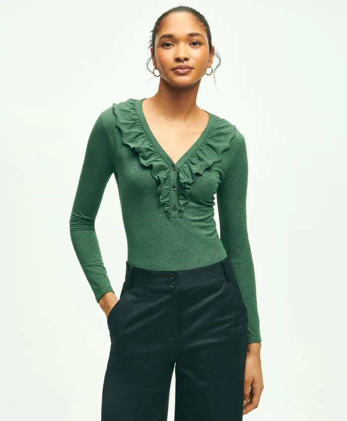Women Long Sleeve Cotton Modal Ruffled Top Dark Green Heather Brooks Brothers Blouses and Shirts