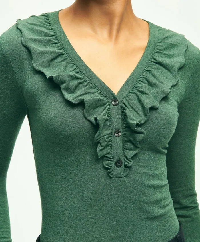 Women Long Sleeve Cotton Modal Ruffled Top Dark Green Heather Brooks Brothers Blouses and Shirts
