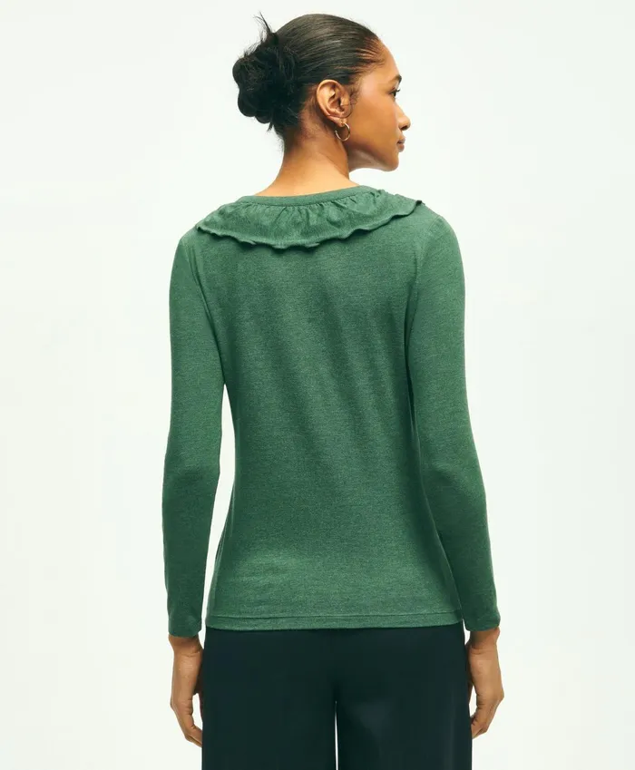 Women Long Sleeve Cotton Modal Ruffled Top Dark Green Heather Brooks Brothers Blouses and Shirts