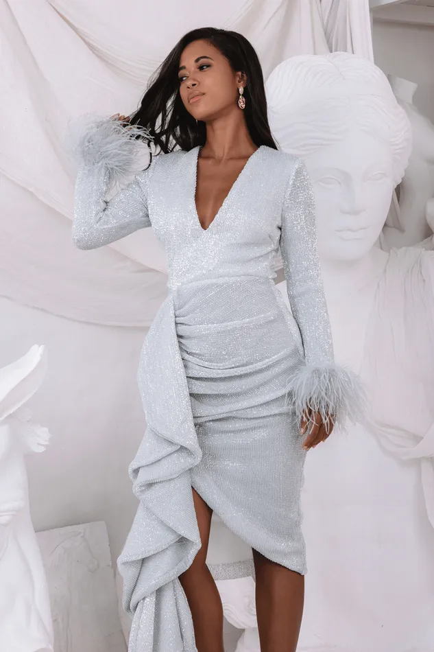 Women LongSleeve Dresses Lavish Alice ATHENA Draped Skirt Pleated Sequin Midi Dress In Silver Silver Women LongSleeve Dresses Lavish Alice ATHENA Draped Skirt Pleated Sequin Midi Dress In Silver Silver
