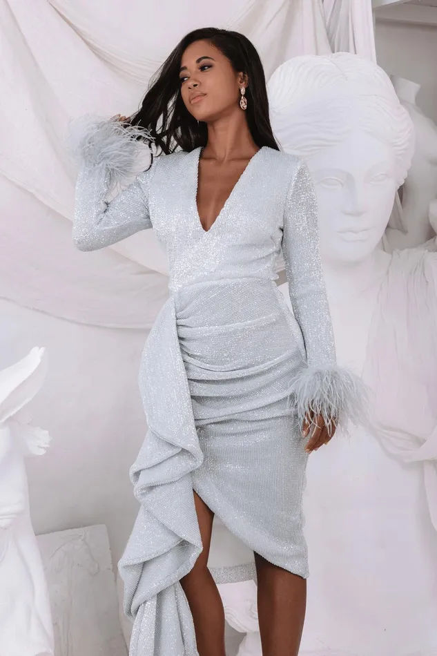 Women LongSleeve Dresses Lavish Alice ATHENA Draped Skirt Pleated Sequin Midi Dress In Silver Silver